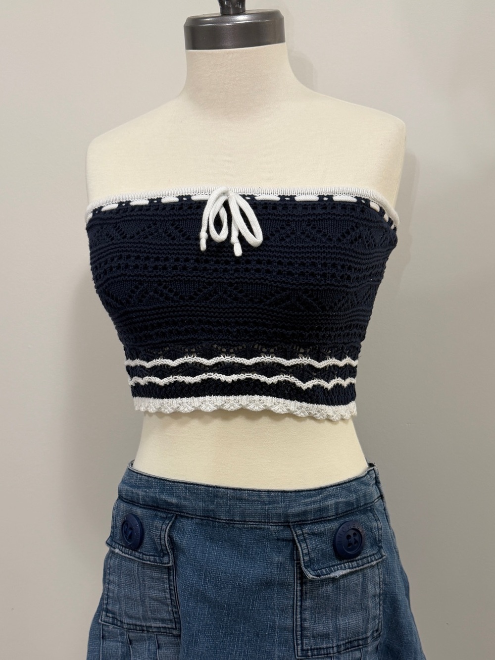 Boho Festival Coastal Preppy Crochet Tube Top Striped Navy Size Small